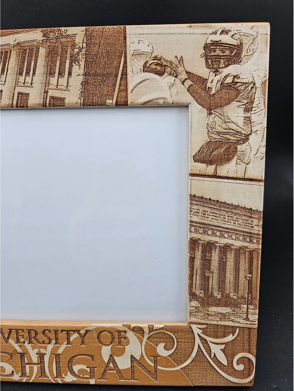 University of Michigan Wooden Photo Frame with Campus and Football Engraved 9x7